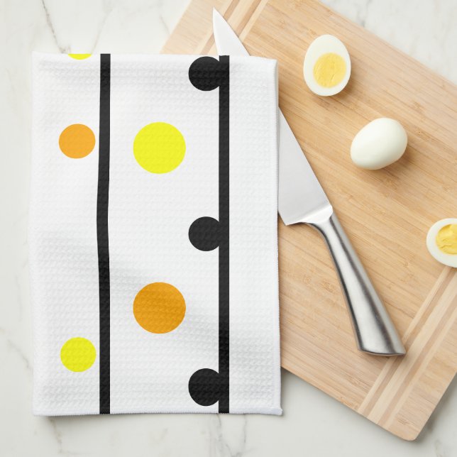 Paño De Cocina Puntos de Polka Negro Amarillo naranja (Doblado Cuarto)