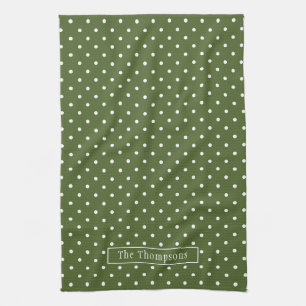Paño De Cocina Puntos Polka Blancos y Verde Oliva Con Nombre