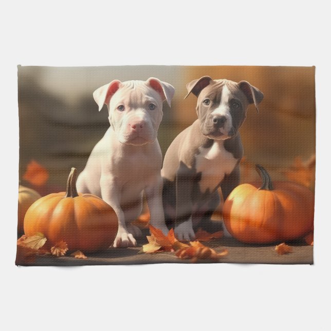 Paño De Cocina Puppy Pitbull Calabaza deslumbrante de otoño (Horizontal)