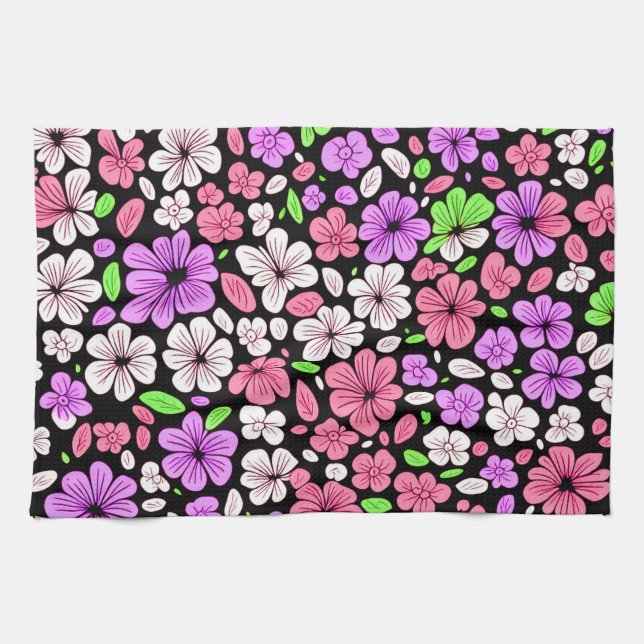 Paño De Cocina Purple and Pink Flowers and Petals Pattern Black (Horizontal)