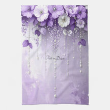 Purple Flowers with Dangling Pearls Kitchen Towel
