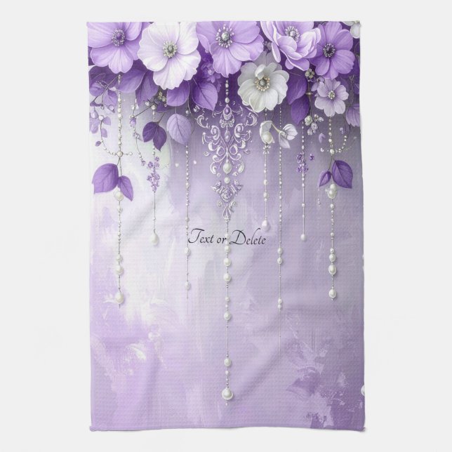 Paño De Cocina Purple Flowers with Dangling Pearls Kitchen Towel (Vertical)