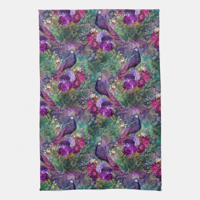 Paño De Cocina Púrpura Pink Peacock Floral (Vertical)