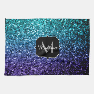 Paño De Cocina Purpurina azul Aqua Ombre fino chispas Monograma