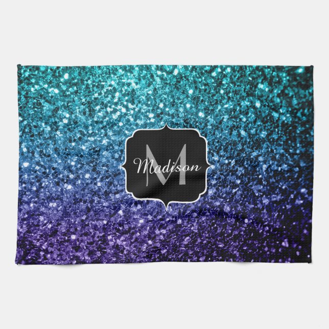 Paño De Cocina Purpurina azul Aqua Ombre fino chispas Monograma (Horizontal)