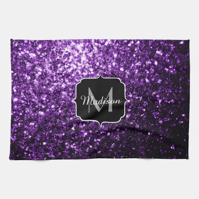 Paño De Cocina Purpurina brillante oscuro morado chispas Monogram (Horizontal)