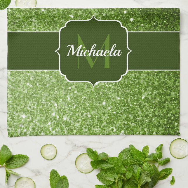 Paño De Cocina Purpurina de imitación verde claro brillante Monog (Doblado)