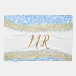 Paño De Cocina purpurina de oro azul chispa monograma texto