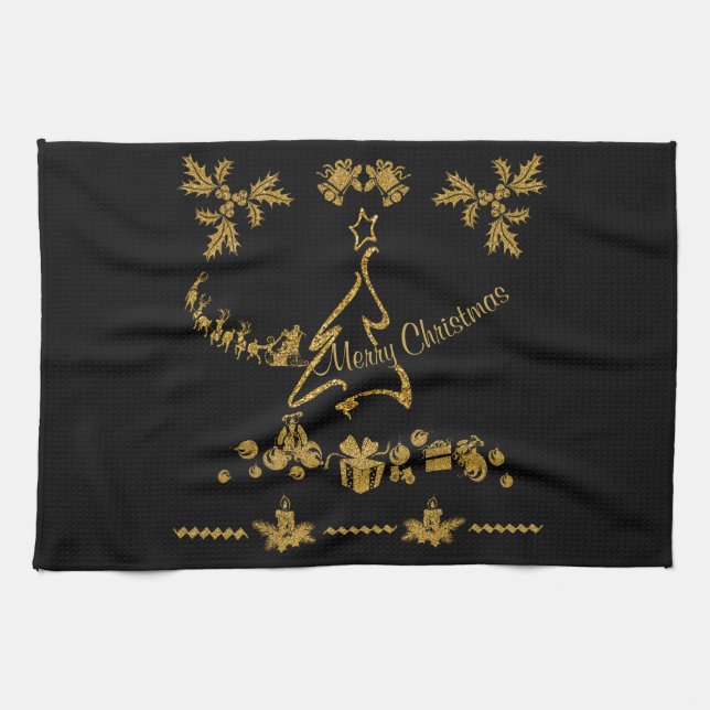 Paño De Cocina Purpurina de oro Feliz Navidad, Santa Claus (Horizontal)