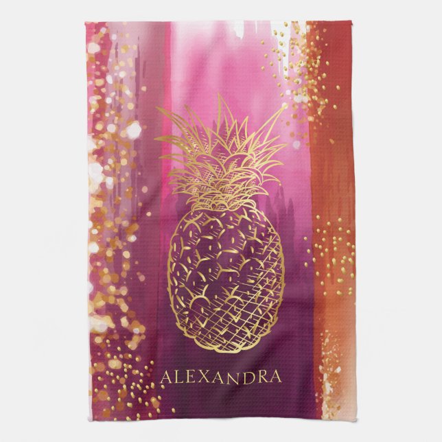 Paño De Cocina Purpurina de piña rosada de oro personalizado (Vertical)