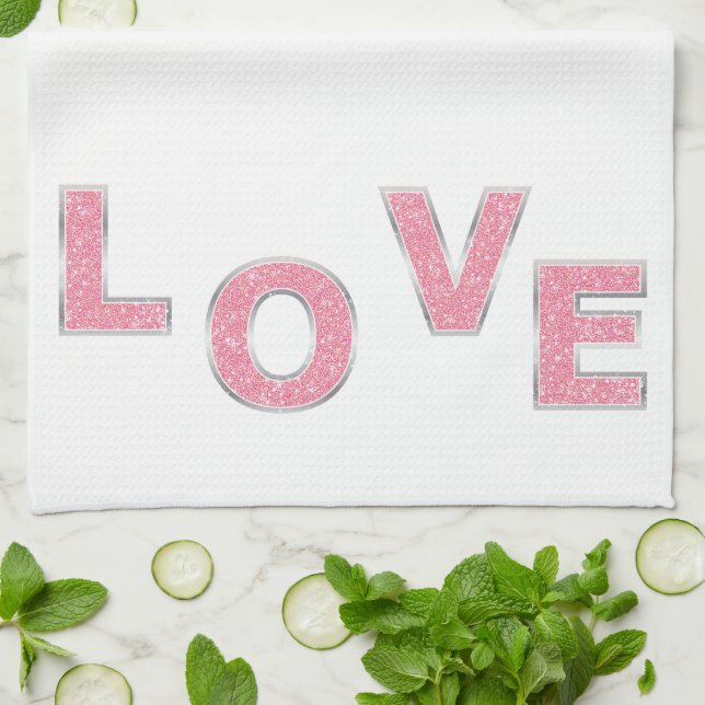 Paño De Cocina Purpurina de Plata Rosa Amor (Doblado)