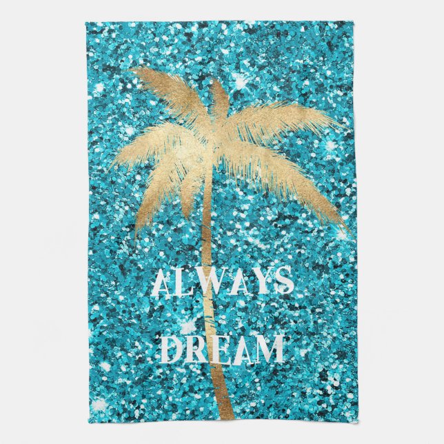Paño De Cocina Purpurina Gold Palm Tree Dream Aqua (Vertical)