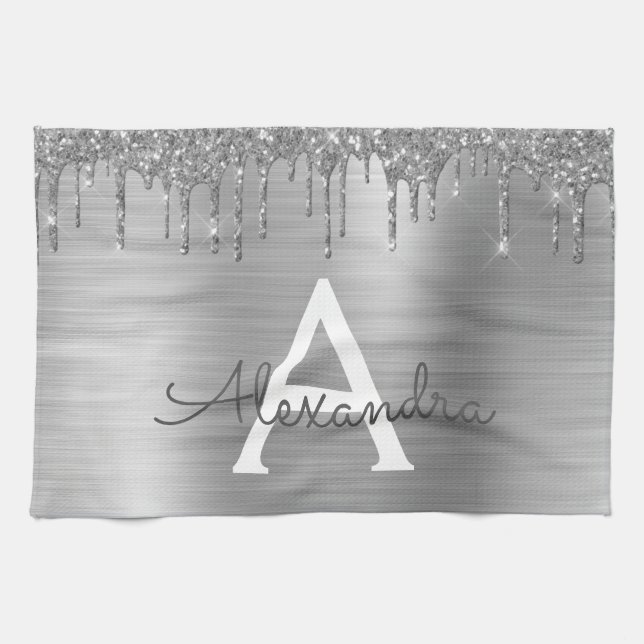 Paño De Cocina Purpurina plateado Nombre de monograma Metalizado  (Horizontal)