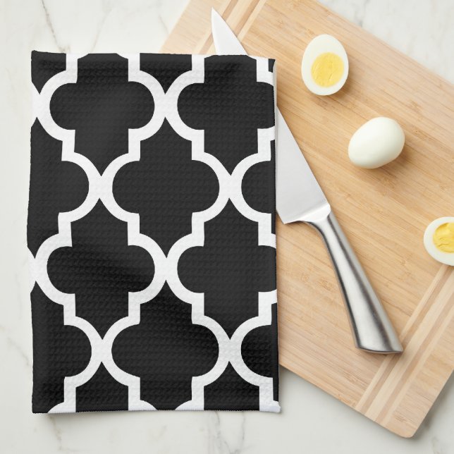 Paño De Cocina Quatrefoil blanco y negro elegante teja el modelo (Doblado Cuarto)