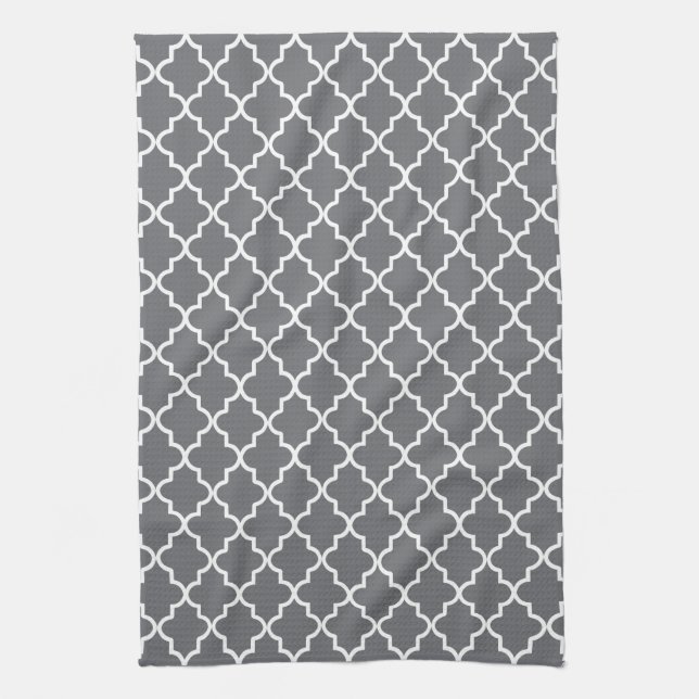 Paño De Cocina Quatrefoil marroquí blanco y gris oscuro moderno (Vertical)