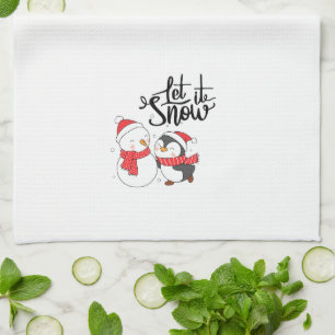 Paño De Cocina Que nieve con un muñeco de nieve y un pingüino