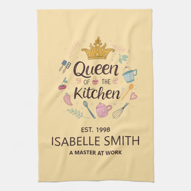 Paño De Cocina Queen of the Kitchen Custom Name Design (Vertical)