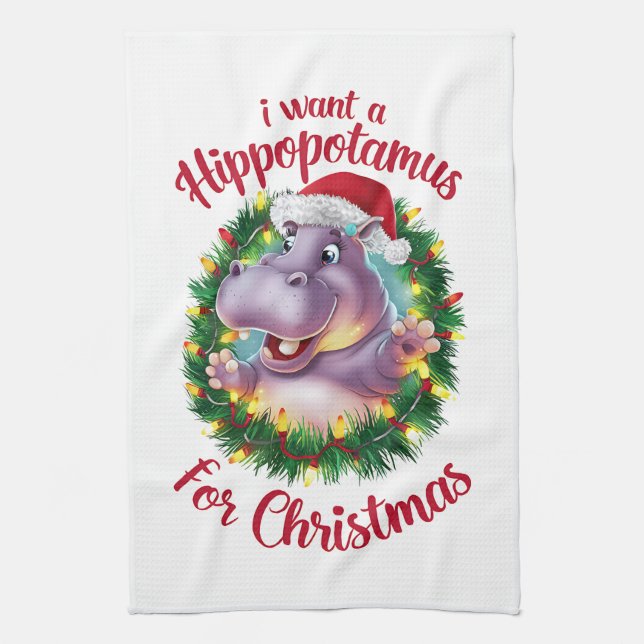 Paño De Cocina Quiero Hipopótamo Para Navidades Xmas Hippo (Vertical)
