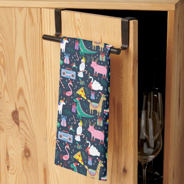 Paño De Cocina Quirky Holiday Animales y patrón de iconos (Pliegue de tercios)