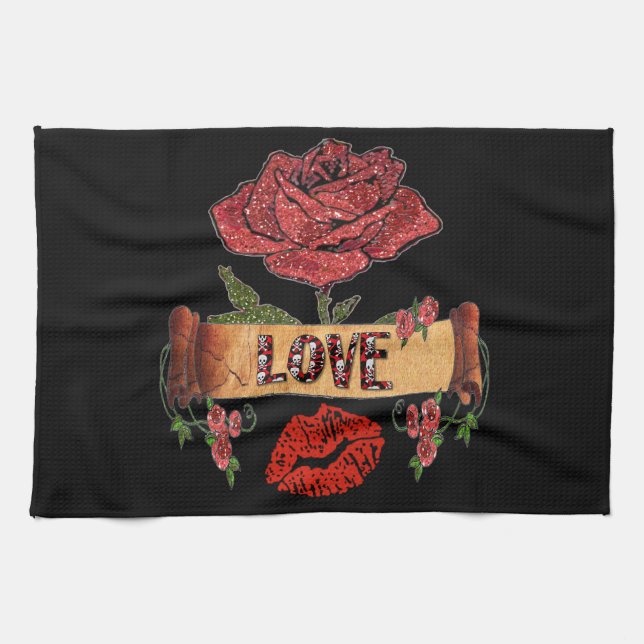 Paño De Cocina RAB Rockabilly Valentine Rosas, Love & Lipstick (Horizontal)