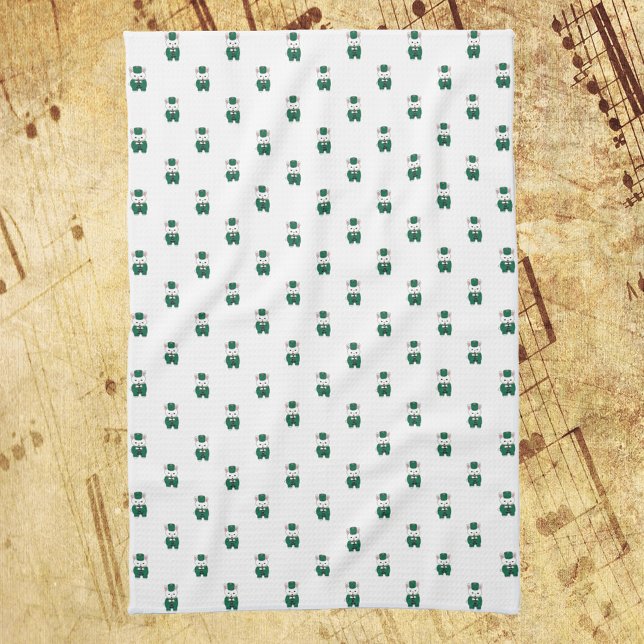 Paño De Cocina Rabbit Clarinet Marcha Banda Green Gold (A kitchen towel with a pattern of rabbits playing the clarinet in green & gold)