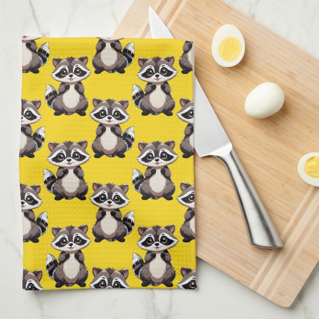 Paño De Cocina Raccoon Pattern Design Yellow  (Doblado Cuarto)