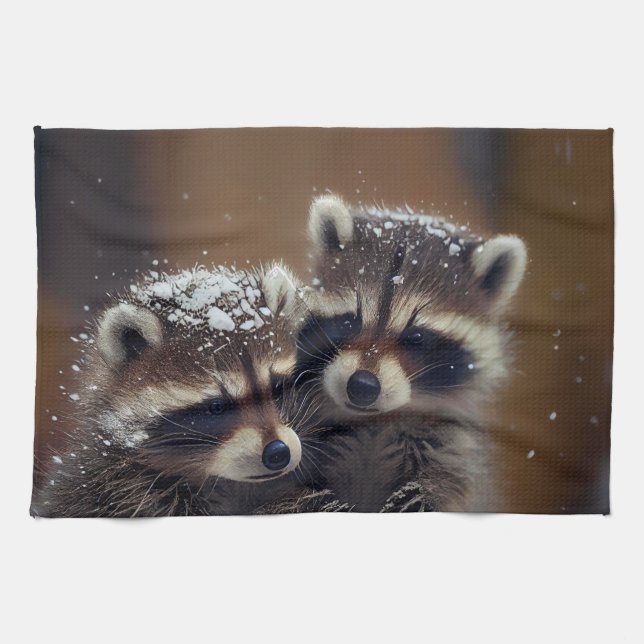 Paño De Cocina Raccoons de bebé se apiñan en la nieve en caída (Horizontal)