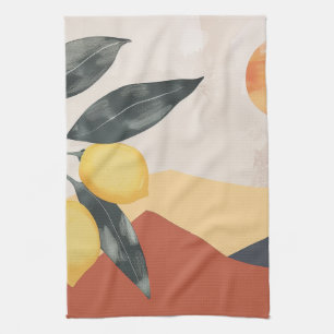 Paño De Cocina Rama de limón boho con sol abstracto minimalista