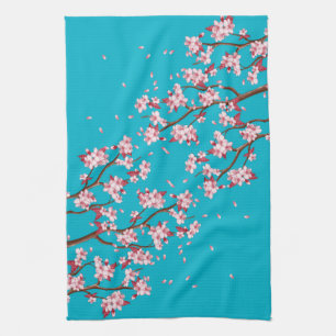 Paño De Cocina Ramas de flores de cerezo rosa y azul cielo