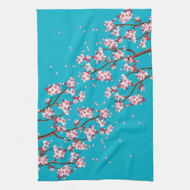 Paño De Cocina Ramas de flores de cerezo rosa y azul cielo (Vertical)