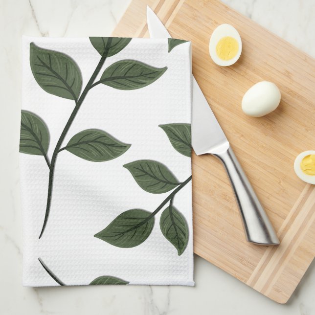 Paño De Cocina Ramas de follaje con hojas verdes sobre blanco (Doblado Cuarto)
