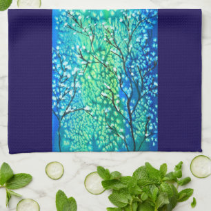 Paño De Cocina Ramas de Invierno Añil y Verde Agua Acuarela