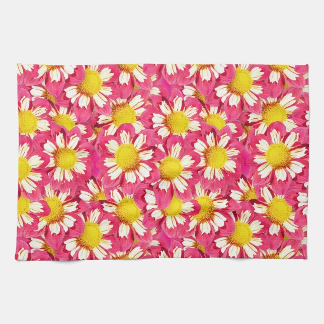 Paño De Cocina Ramo de dalias - coral y blanco con amarillo (Horizontal)