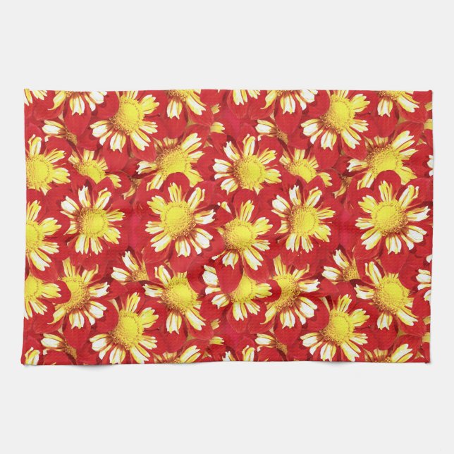 Paño De Cocina Ramo de dalias - rojo y blanco con amarillo (Horizontal)