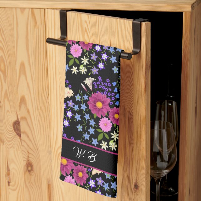 Paño De Cocina Ramo de flores monograma negro (Pliegue de tercios)