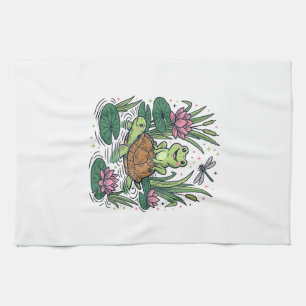Paño De Cocina Rana Bonita Montando Tortuga Estanque Vintage Arte