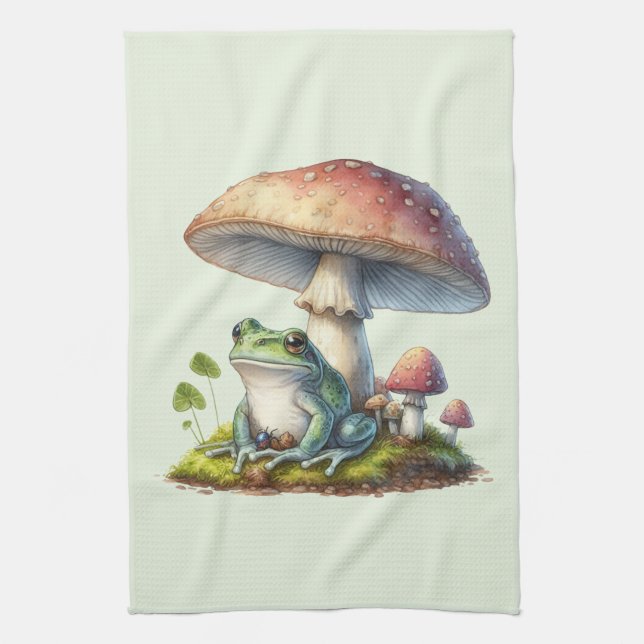 Paño De Cocina Rana debajo de una seta naturaleza linda (Vertical)