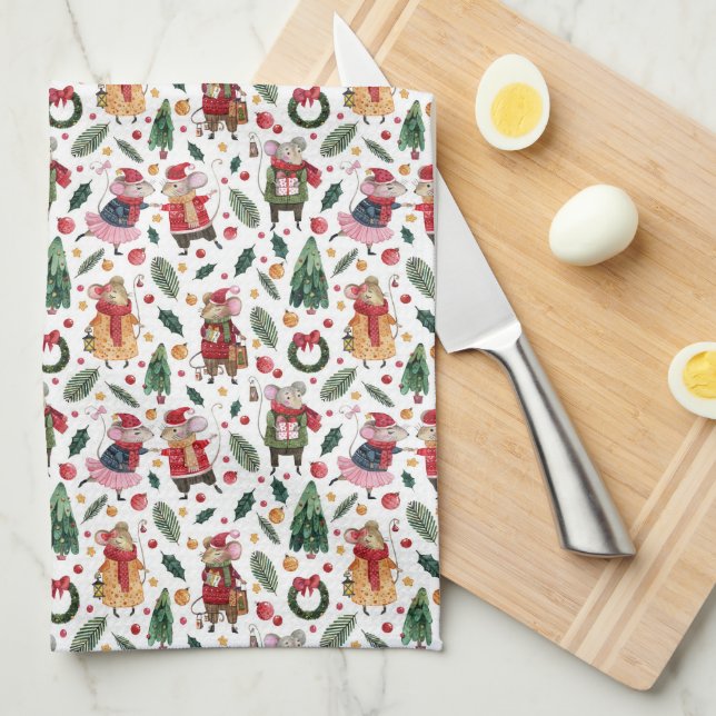 Paño De Cocina Ratones Navideños Lindos En Blanco (Doblado Cuarto)
