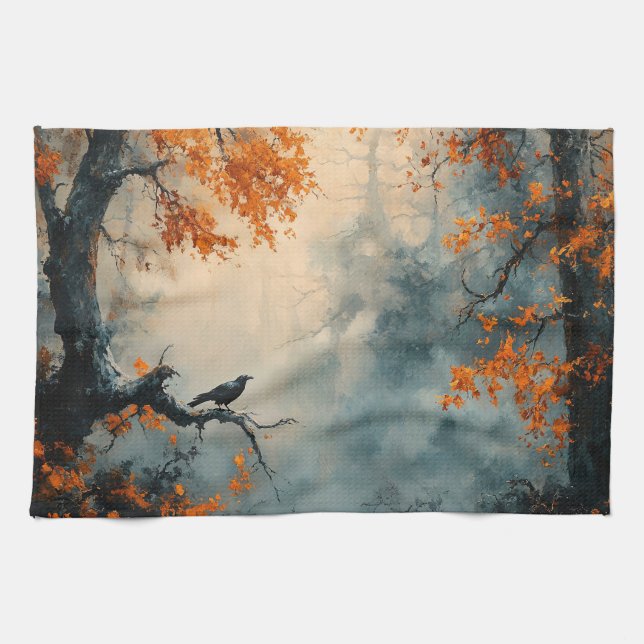 Paño De Cocina Raven en un bosque de otoño. (Horizontal)