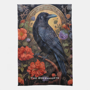 Paño De Cocina Raven negro con flores de diseño gótico