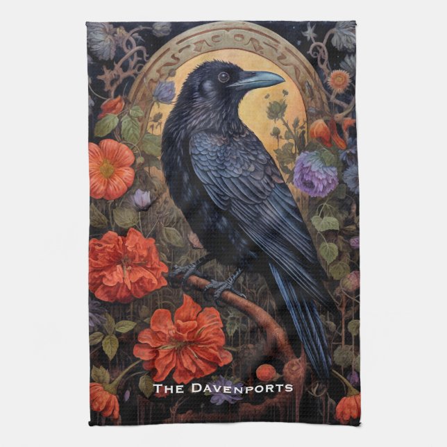 Paño De Cocina Raven negro con flores de diseño gótico (Vertical)