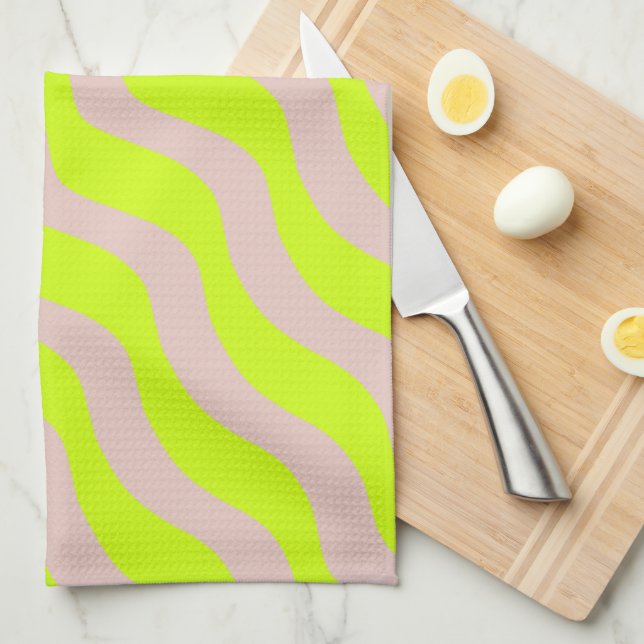 Paño De Cocina Rayas Abstractas De Neón Verde Lime Y Beige (Doblado Cuarto)