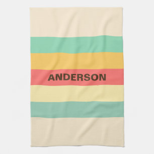 Paño De Cocina Rayas beige color turquesa y coral personalizadas