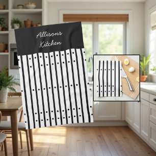 Paño De Cocina Rayas blancas y negras con puntos. Personalizado 