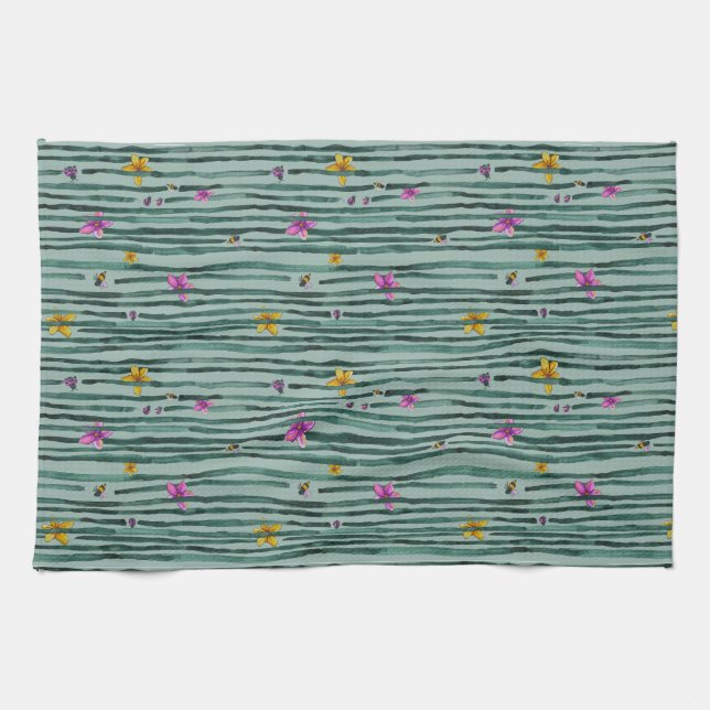 Paño De Cocina Rayas caprichosas con flores (Horizontal)