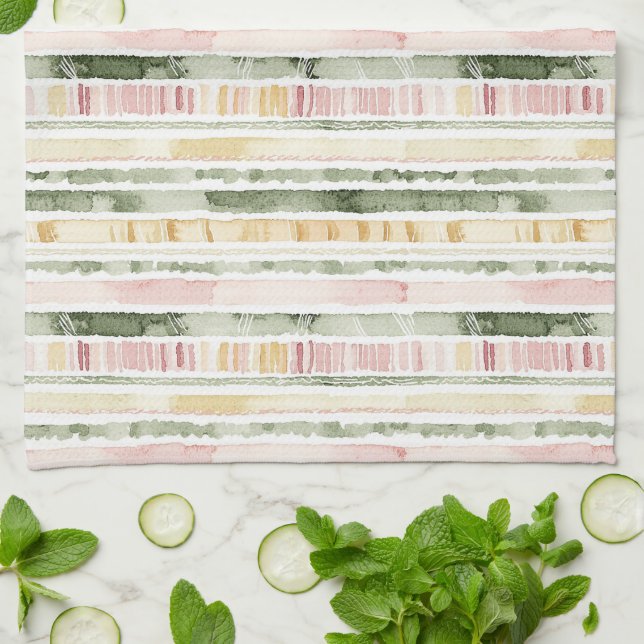 Paño De Cocina Rayas de crema verde rosa   (Doblado)