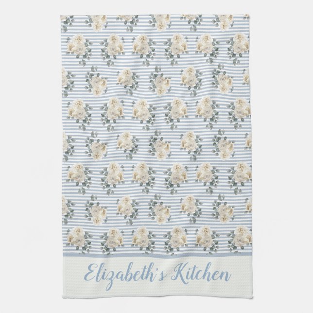 Paño De Cocina Rayas Florales Azules Blancas Personalizadas Vinta (Vertical)