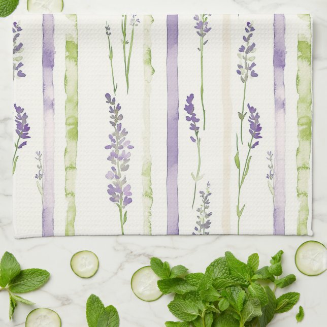 Paño De Cocina Rayas Florales Verde Lavanda   (Doblado)