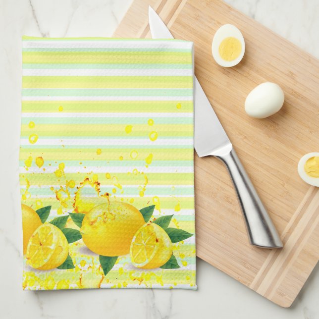 Paño De Cocina Rayas frescas de verano y limones salpicados (Doblado Cuarto)
