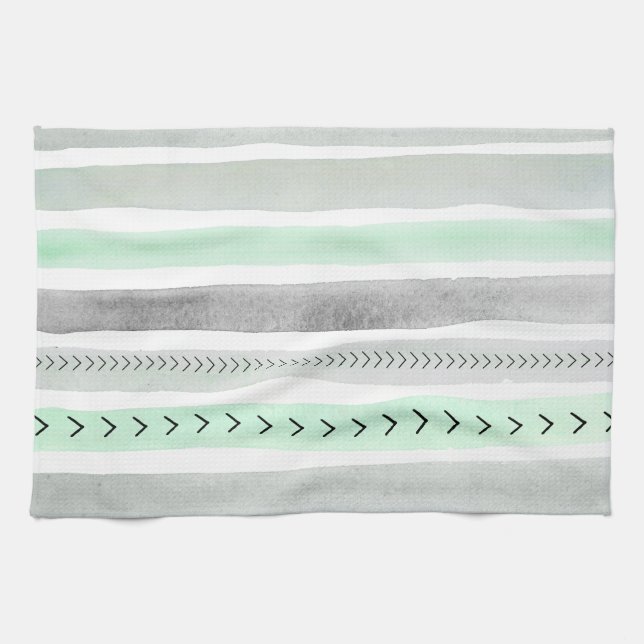 Paño De Cocina Rayas grises de los Watercolours de la verde menta (Horizontal)